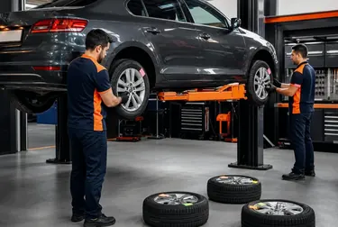 Mecânico realizando rodízio de pneus em uma borracharia em Abaetetuba.
