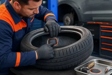 Profissional consertando um pneu em uma borracharia em Abaetetuba.