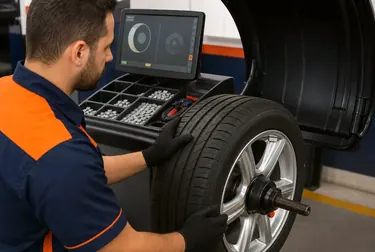 Profissional fazendo balanceamento de rodas em uma borracharia em Abaetetuba.